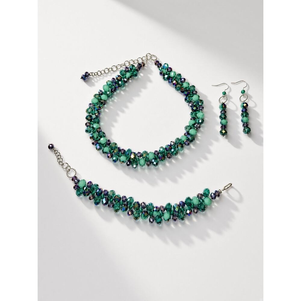 Green Turquoise Swarovski Beaded Necklace, Bracelet & Earrings